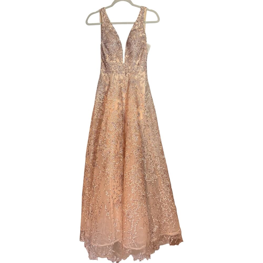 Sherri Hill 52877 Blush Nude V-Neck Floral Shimmer Sparkle 2019 Prom Dress 6 - Picture 3 of 9